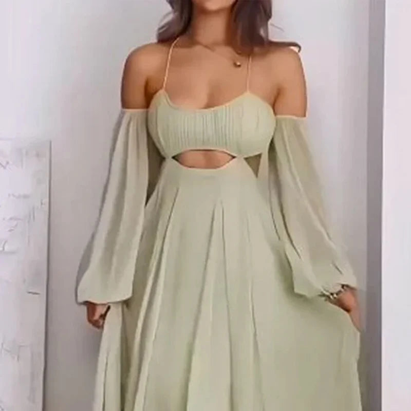 Vestido Maxi Elegante de Um Ombro com Manga Longa