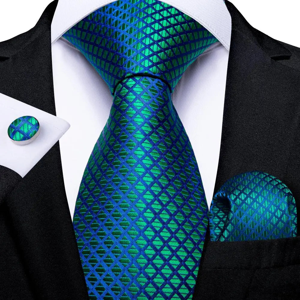 Kit de Gravata Masculina de Seda de Luxo Azul com Lenço e Abotoaduras