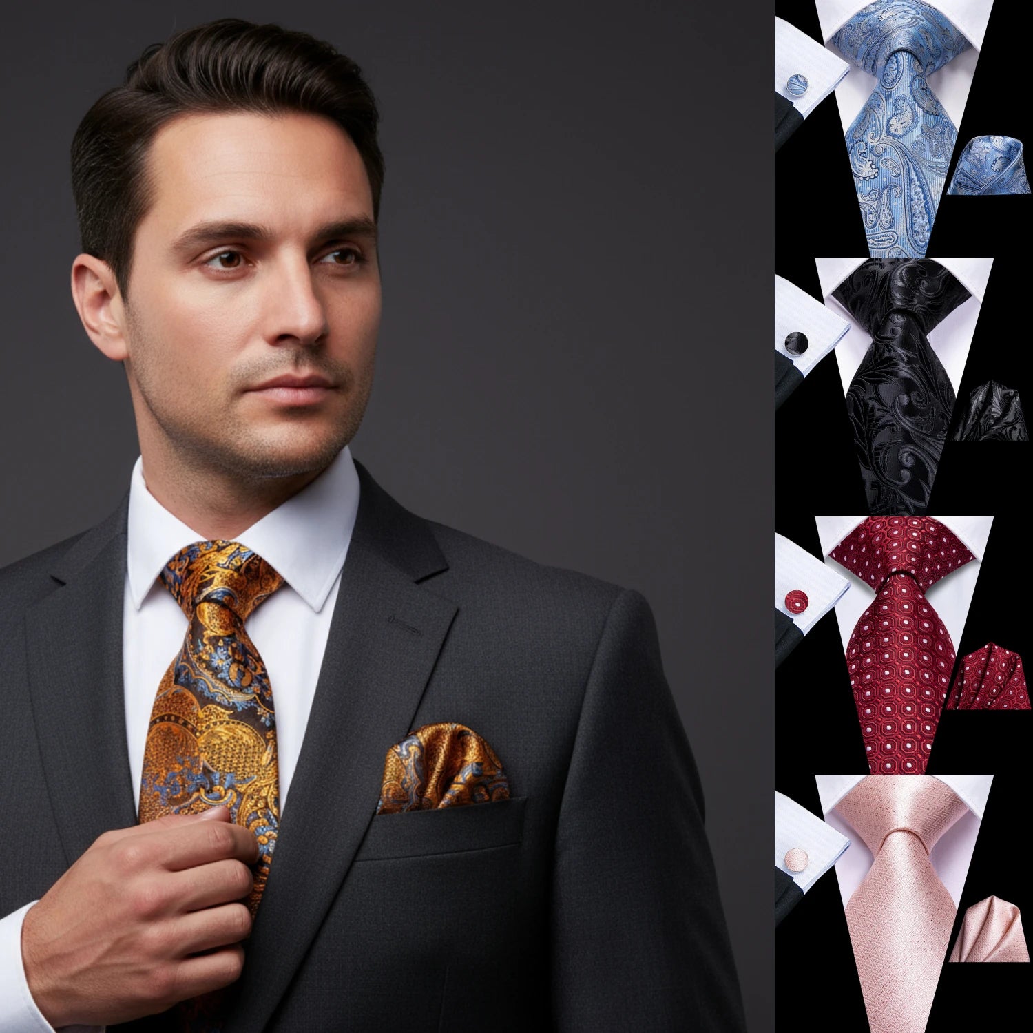 Gravata Masculina Clássica Azul com Lenço e Abotoaduras