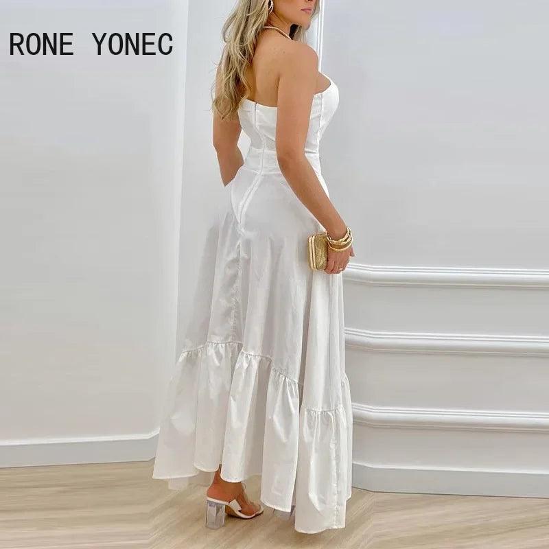 Um ombro feminino plissado bainha vestido maxi branco, oco fora, Zíper, Sexy, Elegante, Sólido
