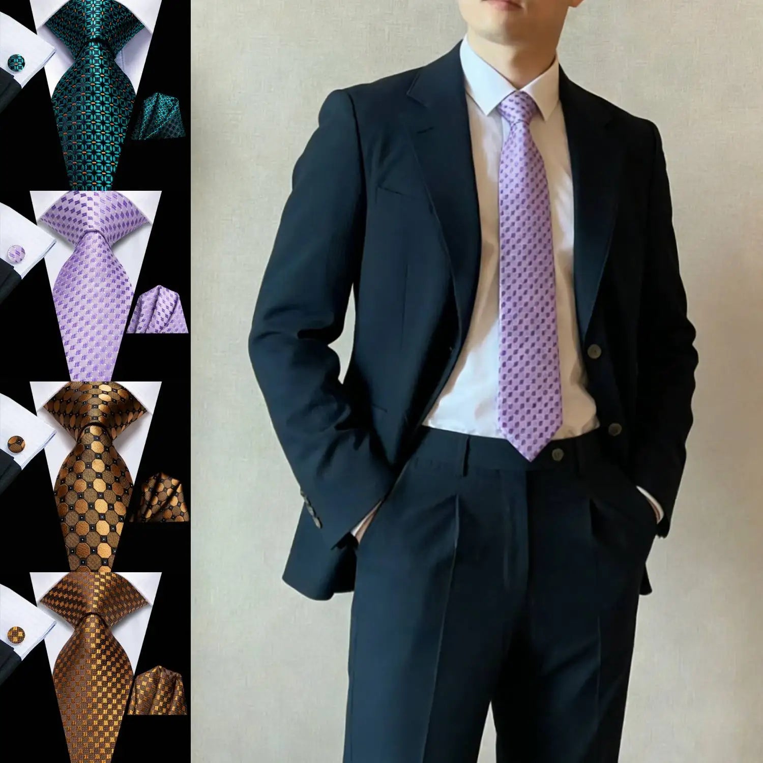 Gravata Masculina Clássica Acabamento Refinado com Lenço e Abotoaduras