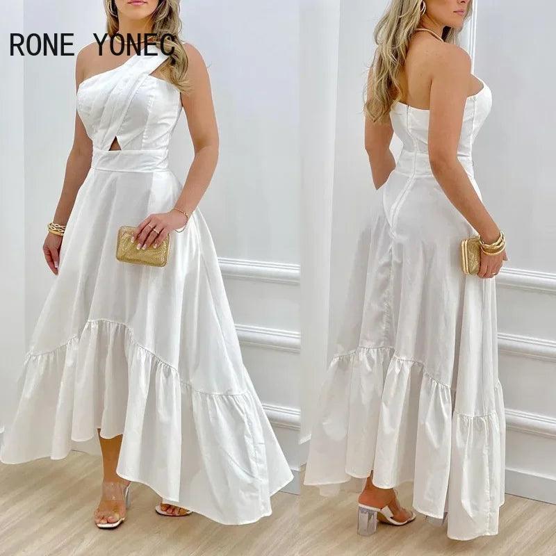 Um ombro feminino plissado bainha vestido maxi branco, oco fora, Zíper, Sexy, Elegante, Sólido