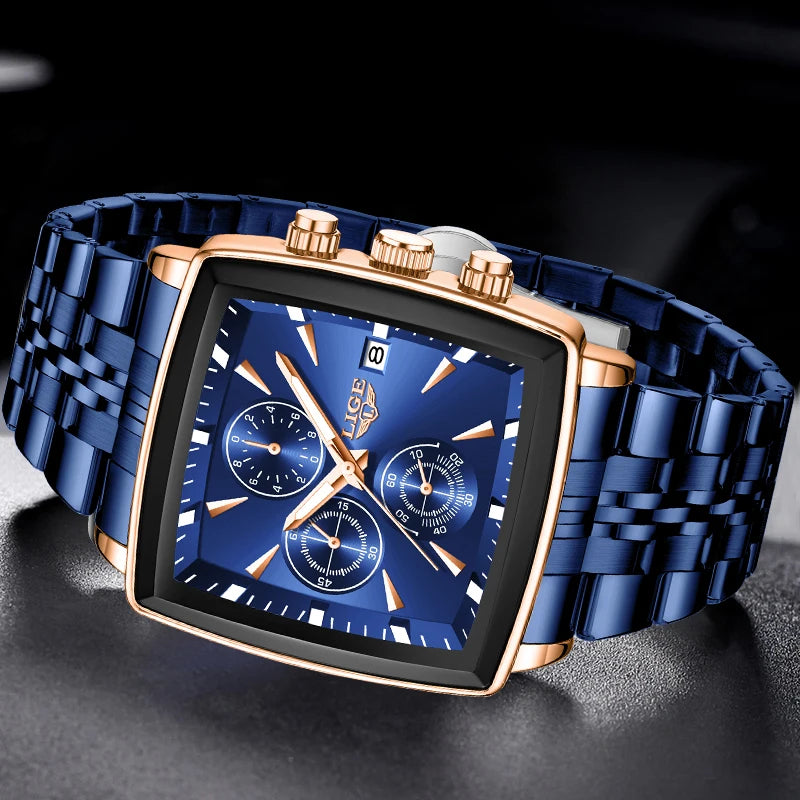 Relógio de Pulso Masculino Quadrado Pulseira de Aço