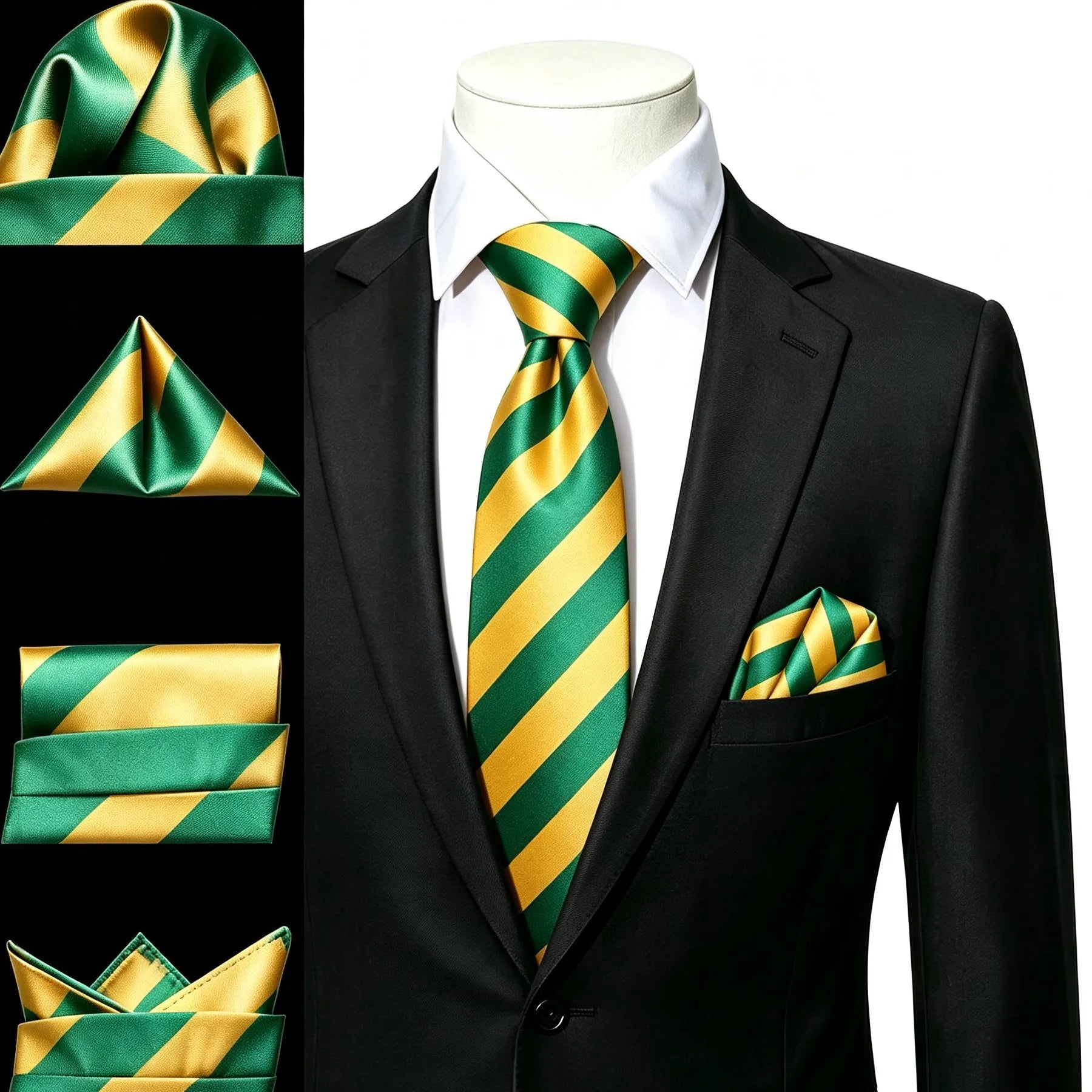 Gravata Masculina Verde e Amarelo Listrado com Lenço de Bolso