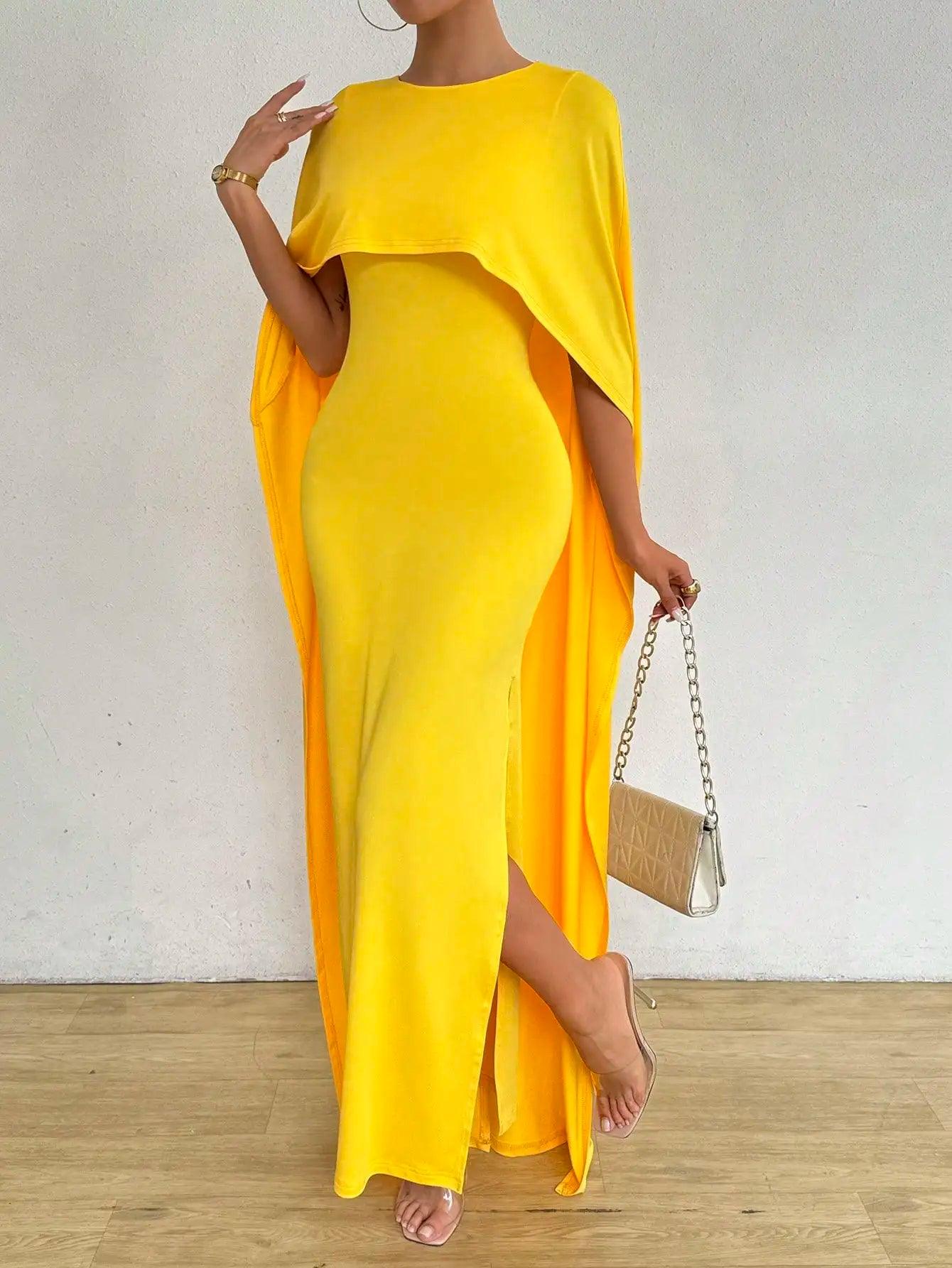 Vestido Longo Feminino Elegante com Capa Amarela