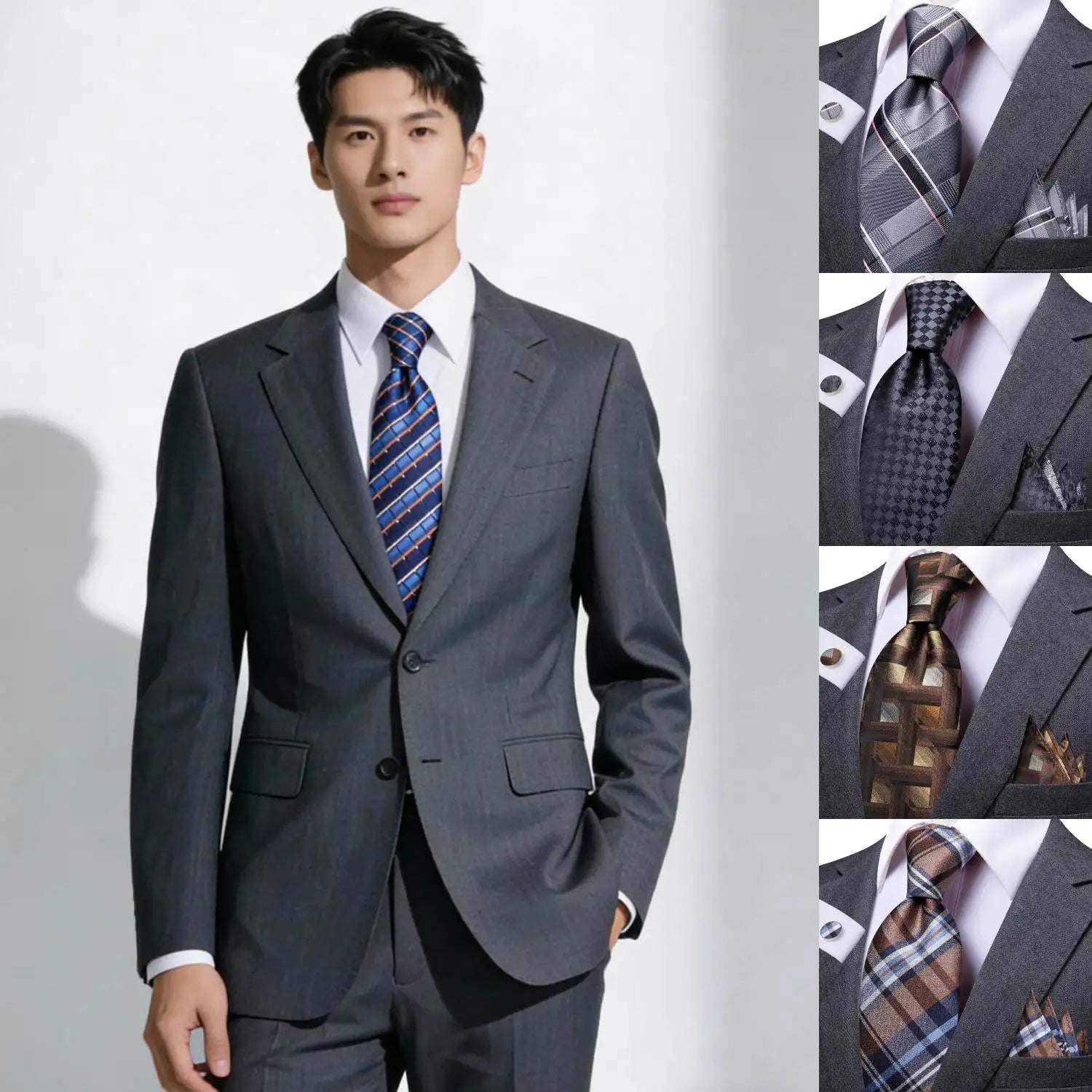 Kit Gravata Masculina Social com Lenço e Abotoaduras