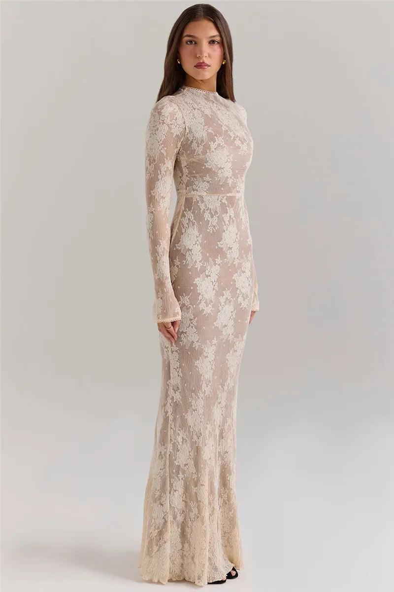 Vestido Maxi Bodycon de Renda Branco Mozision