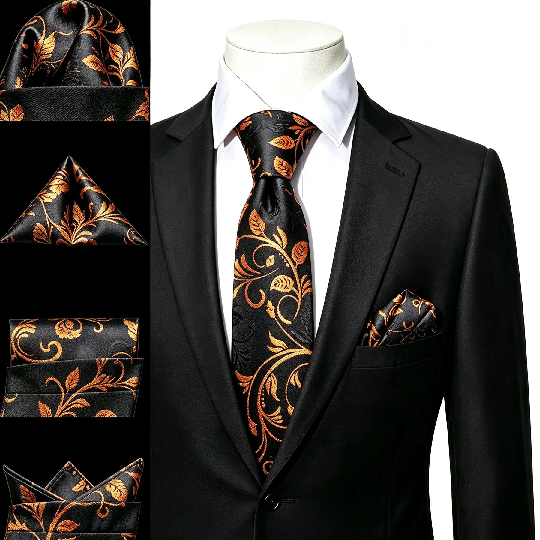 Gravata Masculina Preto Floral com Lenço de Bolso