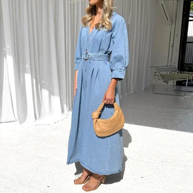 Vestido Feminino Outono/Inverno com Manga Bolha e Cintura Ajustável