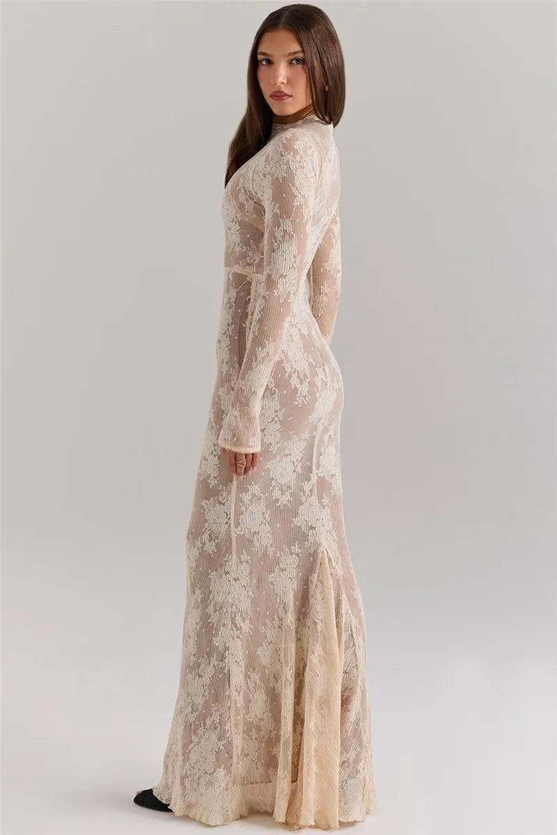 Vestido Maxi Bodycon de Renda Branco Mozision