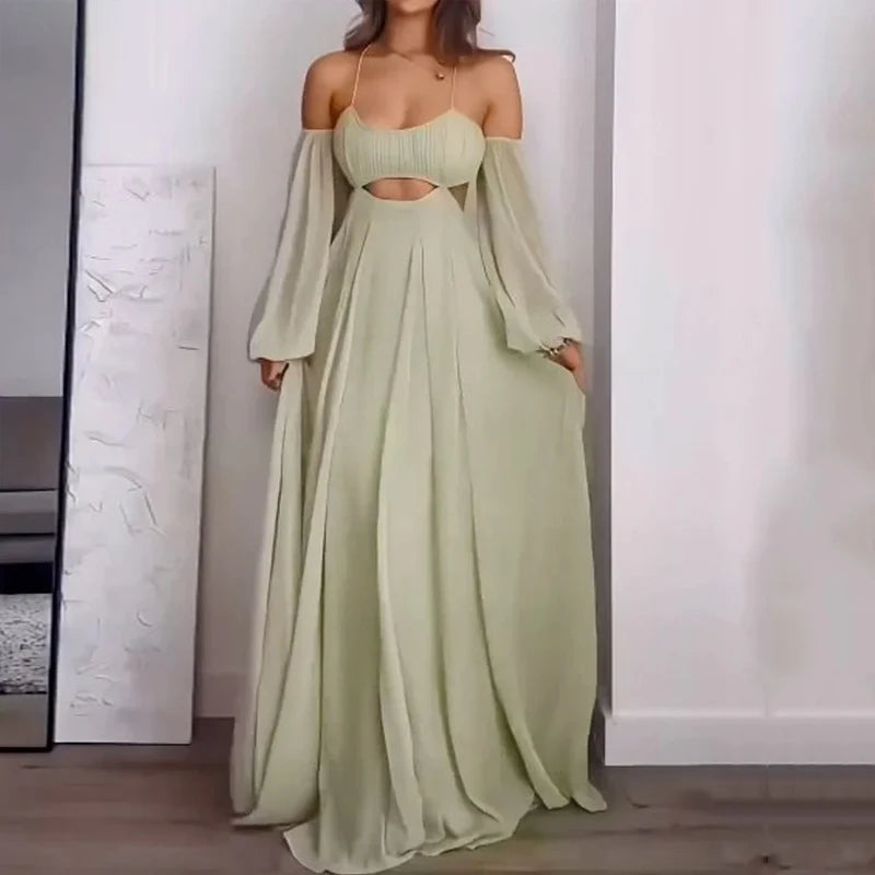 Vestido Maxi Elegante de Um Ombro com Manga Longa