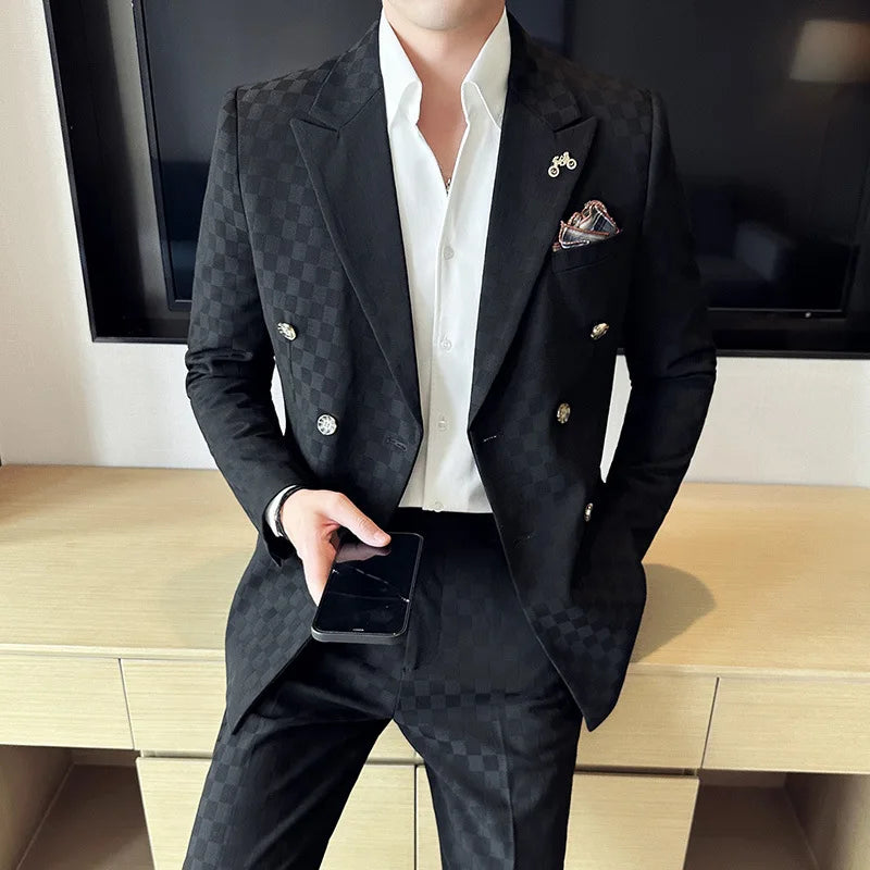 Terno Masculino Xadrez 2 Peças Abotoamento Duplo Elegante