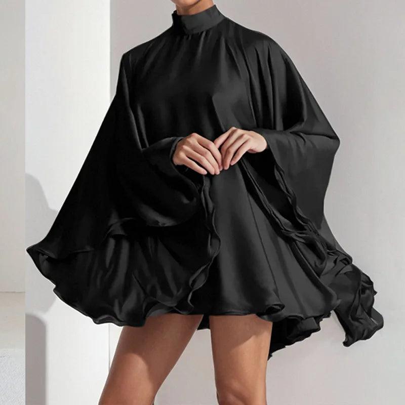 Vestido Mini Festa Feminino Gola Alta com Mangas Batwing