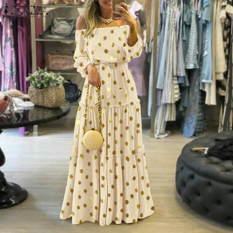Vestido Longo Boêmio Ombro a Ombro com Pontos Dourados