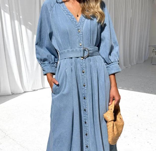 Vestido Feminino Outono/Inverno com Manga Bolha e Cintura Ajustável