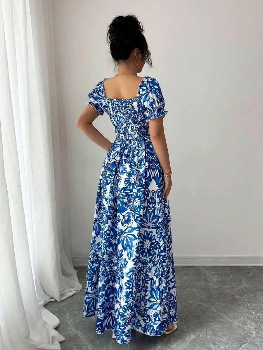 Vestido Longo Estampa Floral Azul Elegante by Loja Bruna Modas